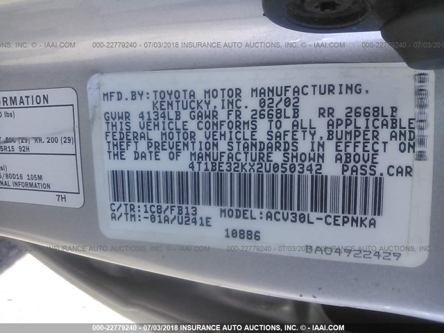 4T1BE32KX2U050342 - 2002 TOYOTA CAMRY LE/XLE/SE Gümüş foto 9