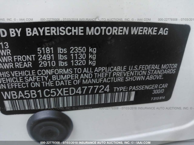 WBA5B1C5XED477724 - 2014 BMW 535 I WHITE photo 9