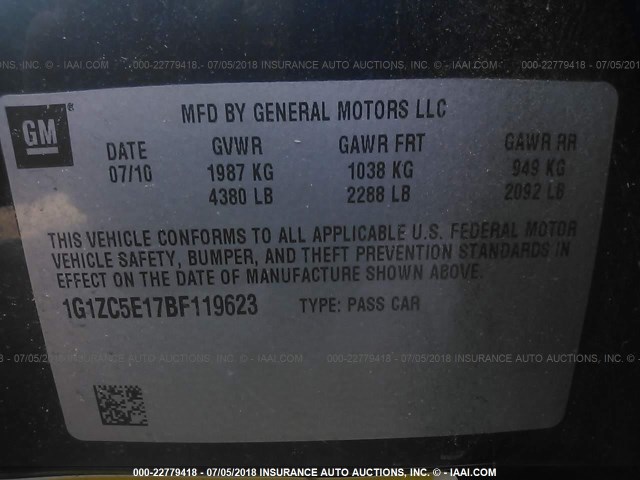 1G1ZC5E17BF119623 - 2011 CHEVROLET MALIBU 1LT 深蓝色 照片 9