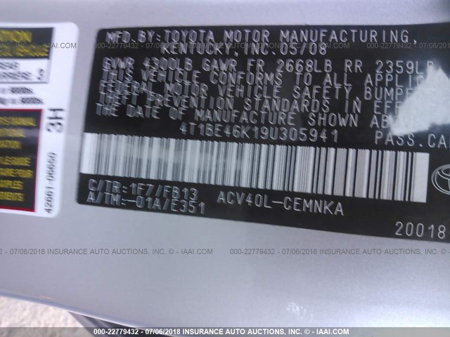 4T1BE46K19U305941 - 2009 TOYOTA CAMRY SE/LE/XLE ვერცხლისფერი ფოტო 9