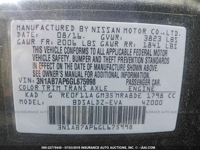 3N1AB7AP6GL675998 - 2016 NISSAN SENTRA S/SV/SR/SL GRAY photo 9