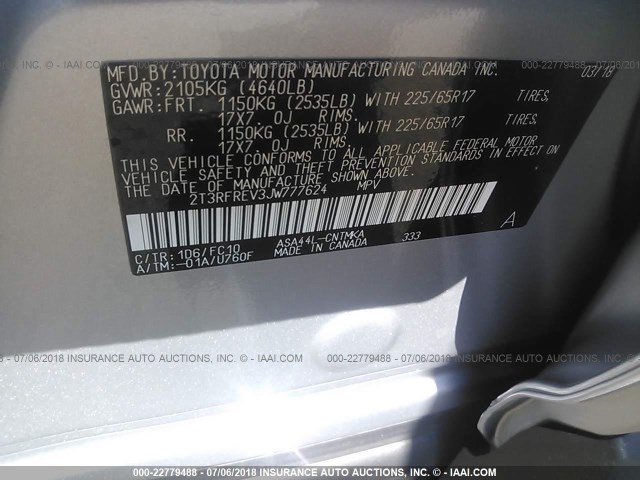 2T3RFREV3JW777624 - 2018 TOYOTA RAV4 ADVENTURE/XLE SILVER photo 9