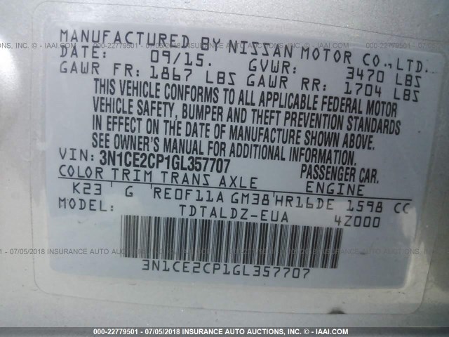 3N1CE2CP1GL357707 - 2016 NISSAN VERSA NOTE S/S PLUS/SV/SL/SR SILVER photo 9