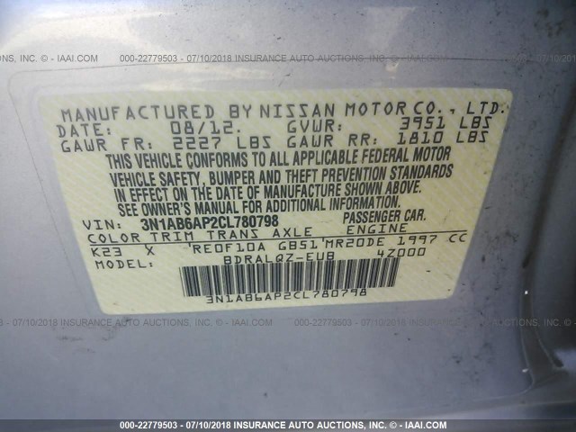 3N1AB6AP2CL780798 - 2012 NISSAN SENTRA 2.0/2.0S/SR/2.0SL SILVER photo 9