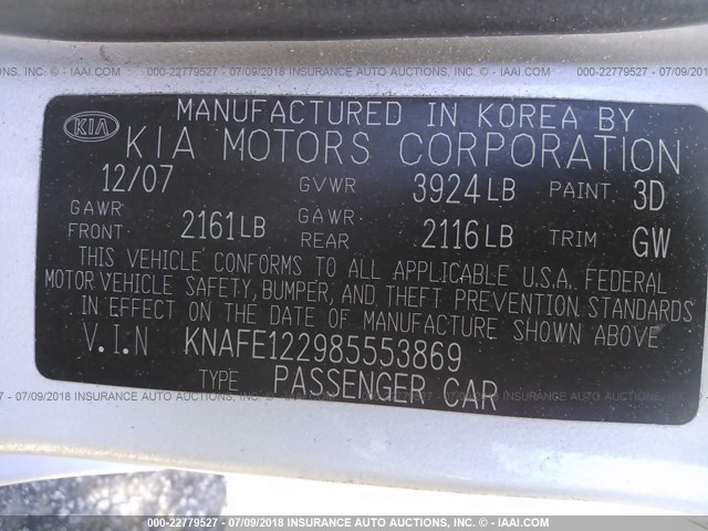 KNAFE122985553869 - 2008 KIA SPECTRA EX/LX/SX SILVER photo 9