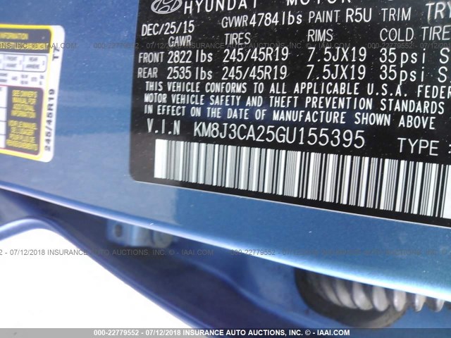 KM8J3CA25GU155395 - 2016 HYUNDAI TUCSON LIMITED/SPORT AND ECO/SE BLUE photo 9