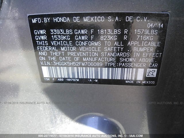 3HGGK5H52FM706089 - 2015 HONDA FIT LX GRAY photo 9