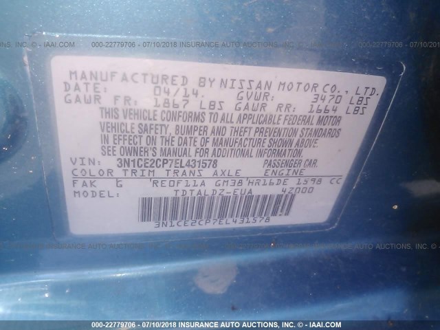 3N1CE2CP7EL431578 - 2014 NISSAN VERSA NOTE S/S PLUS/SV/SL GREEN photo 9