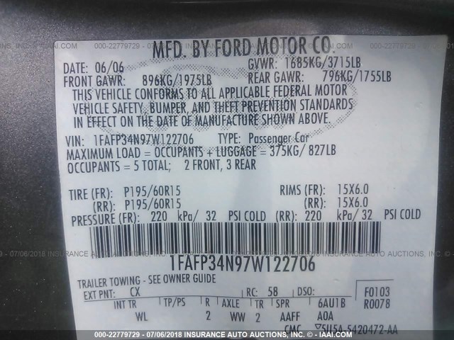 1FAFP34N97W122706 - 2007 FORD FOCUS ZX4/S/SE/SES GRAY photo 9