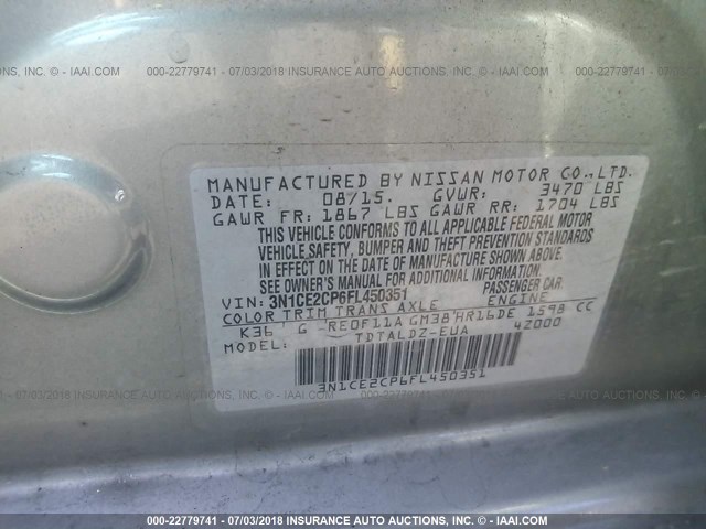 3N1CE2CP6FL450351 - 2015 NISSAN VERSA NOTE S/S PLUS/SV/SL/SR SILVER photo 9