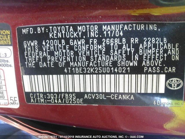4T1BE32K25U014021 - 2005 TOYOTA CAMRY LE/XLE/SE 栗色 照片 9