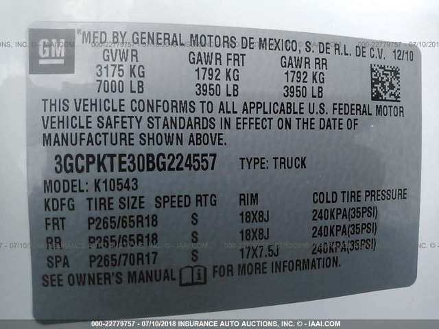 3GCPKTE30BG224557 - 2011 CHEVROLET SILVERADO K1500 LTZ WHITE photo 9