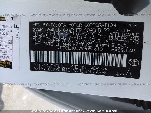JTDBL40E799081610 - 2009 TOYOTA COROLLA LE/XLE WHITE photo 9