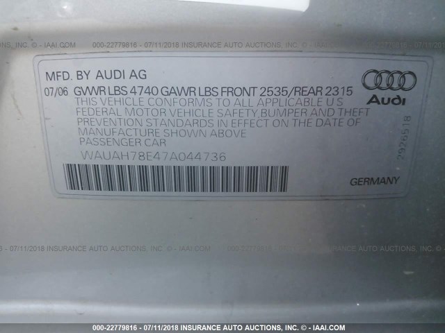 WAUAH78E47A044736 - 2007 AUDI A4 3.2 SILVER photo 9