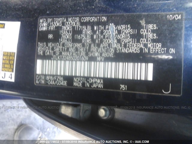 JTLKT324850201609 - 2005 TOYOTA SCION XB BLUE photo 9