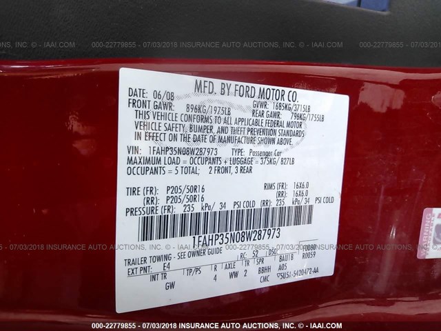 1FAHP35N08W287973 - 2008 FORD FOCUS SE/SEL/SES RED photo 9