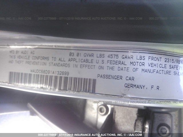 WAUDC68D91A132699 - 2001 AUDI A4 1.8T QUATTRO SILVER photo 9