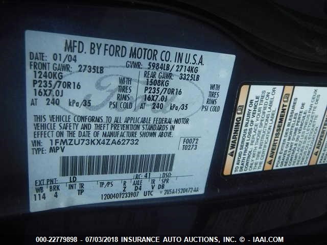 1FMZU73KX4ZA62732 - 2004 FORD EXPLORER XLT/XLT SPORT/NBX 蓝色 照片 9