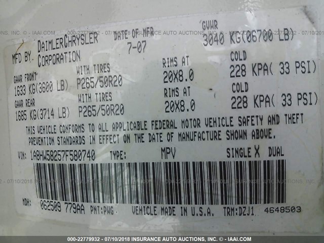 1A8HW58257F580740 - 2007 CHRYSLER ASPEN LIMITED WHITE photo 9