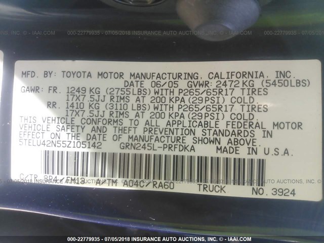 5TELU42N55Z105142 - 2005 TOYOTA TACOMA DOUBLE CAB 深蓝色 照片 9