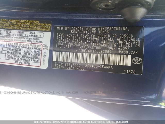 4T1BE46K17U083091 - 2007 TOYOTA CAMRY NEW GENERAT CE/LE/XLE/SE BLUE photo 9