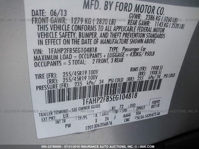 1FAHP2F85EG104818 - 2014 FORD TAURUS LIMITED SILVER photo 9