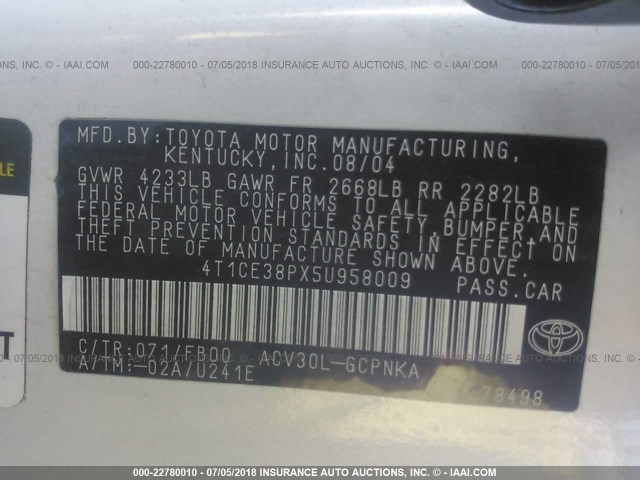 4T1CE38PX5U958009 - 2005 TOYOTA CAMRY SOLARA SE/SLE თეთრი ფოტო 9