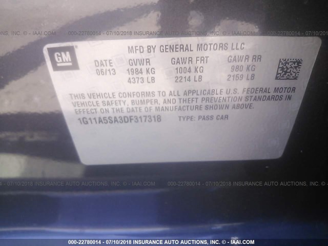 1G11A5SA3DF317318 - 2013 CHEVROLET MALIBU LS GRAY photo 9