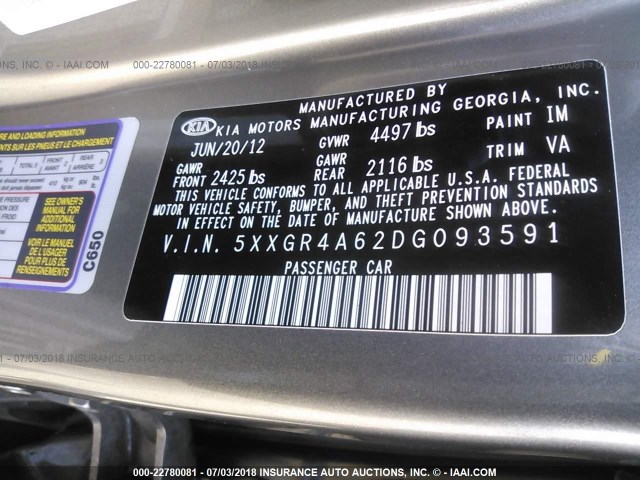 5XXGR4A62DG093591 - 2013 KIA OPTIMA SX GRAY photo 9