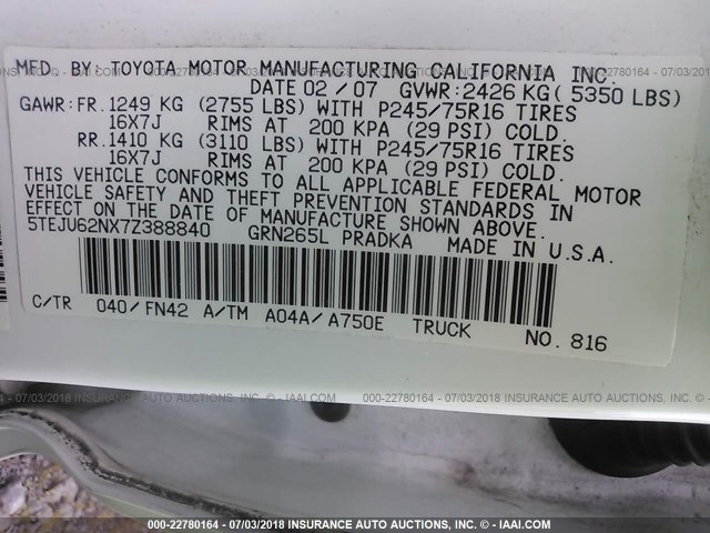 5TEJU62NX7Z388840 - 2007 TOYOTA TACOMA DOUBLE CAB PRERUNNER WHITE photo 9