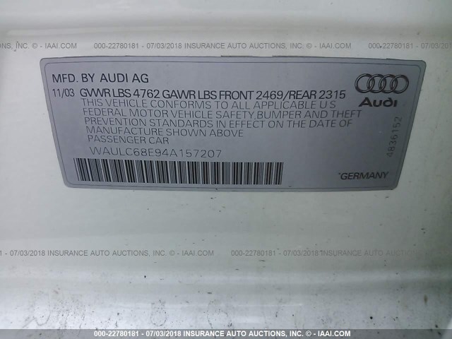 WAULC68E94A157207 - 2004 AUDI A4 1.8T QUATTRO WHITE photo 9