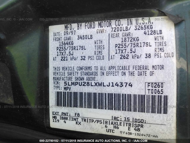 5LMPU28LXWLJ14374 - 1998 LINCOLN NAVIGATOR 绿色 照片 9