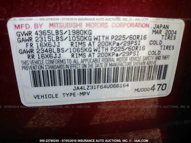 JA4LZ31F64U066164 - 2004 MITSUBISHI OUTLANDER LS RED photo 9