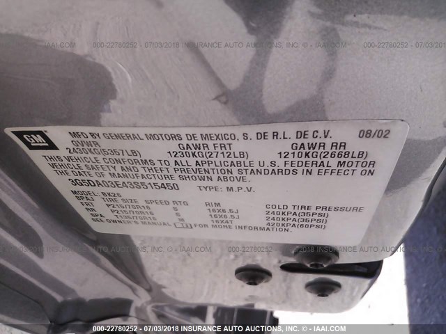 3G5DA03E43S515450 - 2003 BUICK RENDEZVOUS CX/CXL SILVER photo 9