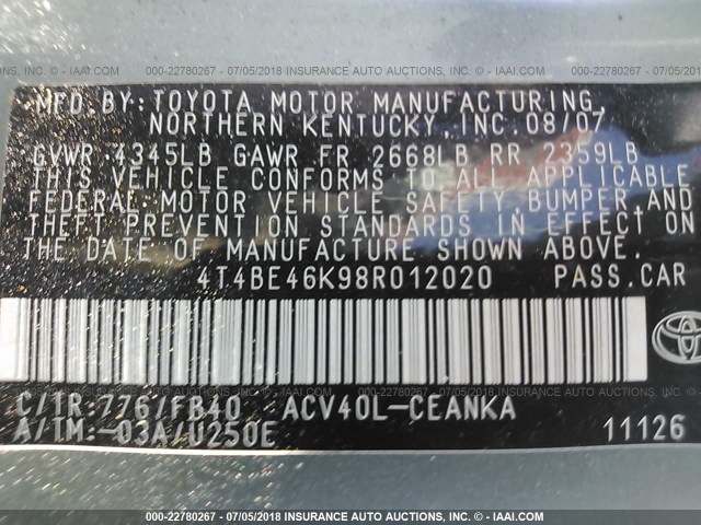 4T4BE46K98R012020 - 2008 TOYOTA CAMRY CE/LE/XLE/SE Light Blue photo 9