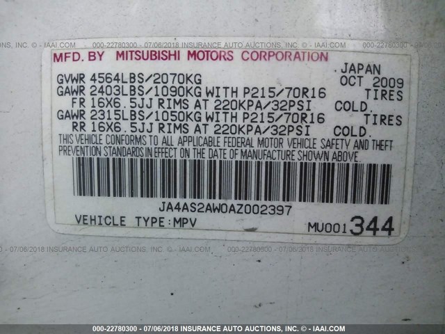 JA4AS2AW0AZ002397 - 2010 MITSUBISHI OUTLANDER ES Ağ foto 9