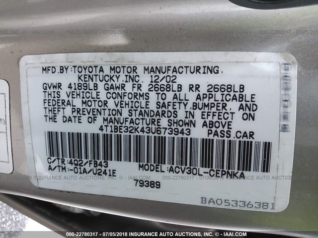 4T1BE32K43U673943 - 2003 TOYOTA CAMRY LE/XLE/SE 棕色 照片 9