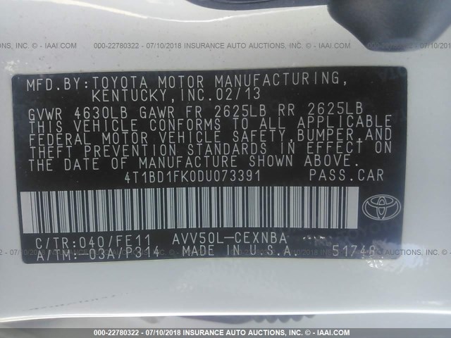 4T1BD1FK0DU073391 - 2013 TOYOTA CAMRY HYBRID/LE/XLE 白色 照片 9