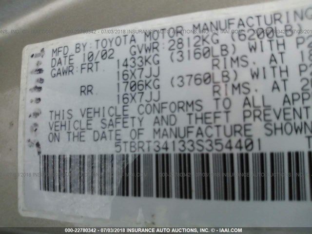 5TBRT34133S354401 - 2003 TOYOTA TUNDRA ACCESS CAB SR5 TAN photo 9