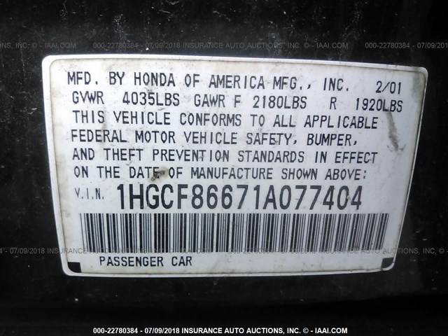 1HGCF86671A077404 - 2001 HONDA ACCORD VALUE GREEN photo 9