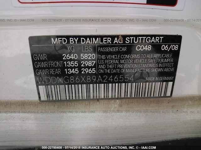 WDDNG86X89A246554 - 2009 MERCEDES-BENZ S 550 4MATIC WHITE photo 9