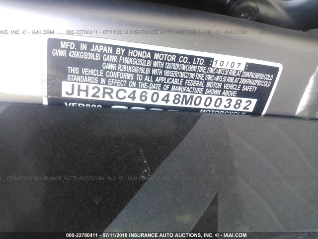 JH2RC46048M000382 - 2008 HONDA VFR800 GRAY photo 10