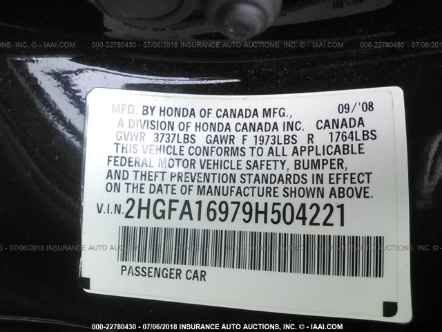 2HGFA16979H504221 - 2009 HONDA CIVIC EXL 黑色 照片 9