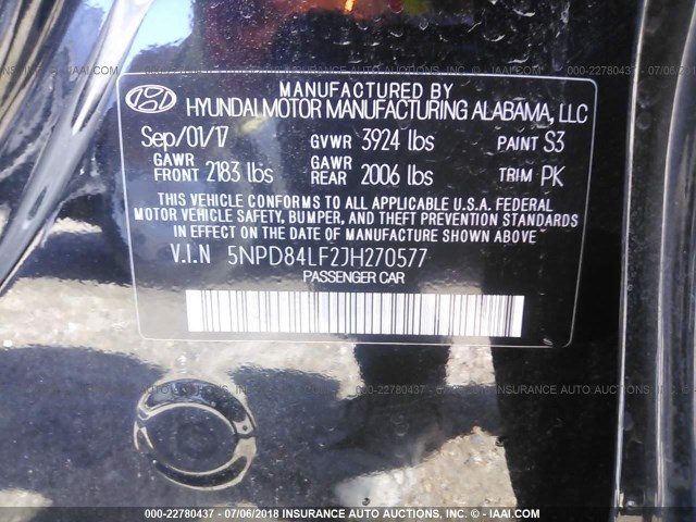 5NPD84LF2JH270577 - 2018 HYUNDAI ELANTRA SEL/VALUE/LIMITED BLACK photo 9