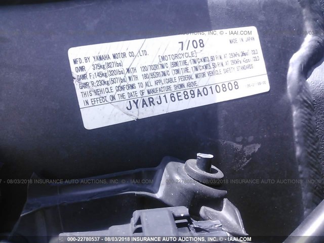 JYARJ16E89A010808 - 2009 YAMAHA YZFR6 BLACK photo 10