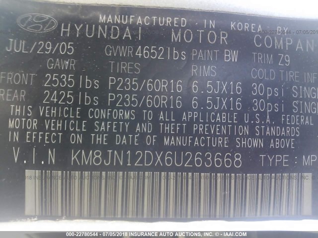 KM8JN12DX6U263668 - 2006 HYUNDAI TUCSON GLS/LIMITED 金色 照片 9