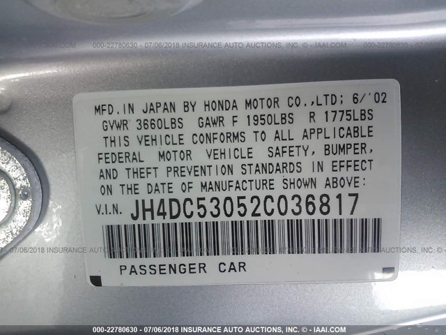 JH4DC53052C036817 - 2002 ACURA RSX TYPE-S SILVER photo 9
