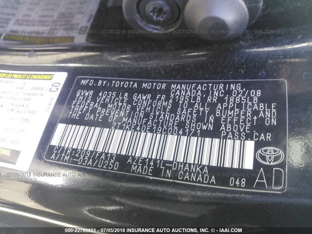 2T1KE40E19C004171 - 2009 TOYOTA COROLLA MATRIX S BLACK photo 9