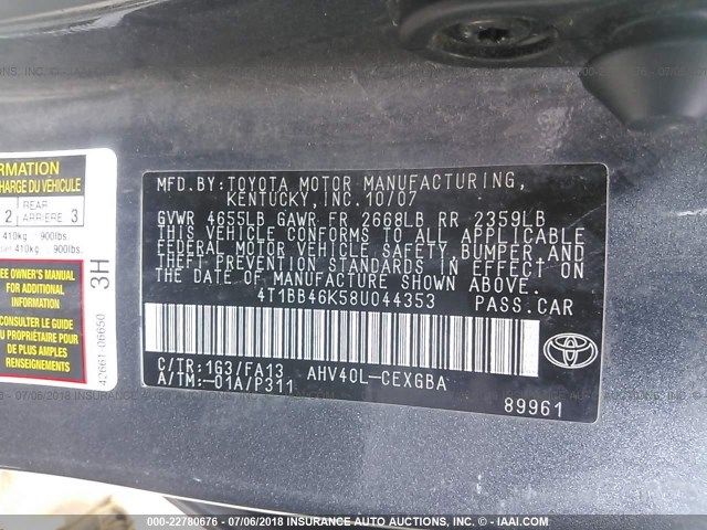 4T1BB46K58U044353 - 2008 TOYOTA CAMRY HYBRID GRAY photo 9