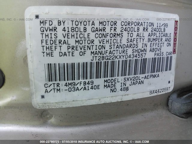 JT2BG22KXY0434557 - 2000 TOYOTA CAMRY CE/LE/XLE 米色 照片 9